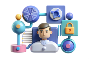 Isometric Flat AI Driven Digital Identity Elements concept as Abstract elements featuring digital identity symbols with biometric patterns and data streams. The design is is png