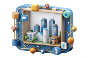 Isometric Flat AI Driven Smart City Frame concept as A border frame with smart city elements on the left and right sides leaving the center as copy space. The design highlights AI png