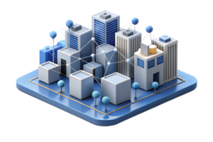 Isometric Flat AI Powered Smart City concept as A minimalistic abstract featuring smart city elements with digital connections and network patterns. The design is iso png