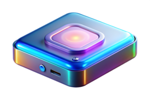 Isometric Flat Holographic External Hard Drive on Glossy Desk concept as An external hard drive with holographic glowing edges placed on a glossy white desk. The scene is isolated png