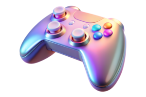 Isometric Flat Holographic Gaming Controller on Glossy Surface concept as A gaming controller with holographic glowing buttons placed on a glossy white surface. The scene is isolat png