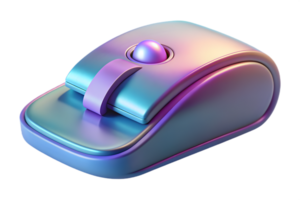 Isometric Flat Holographic Mouse with Glowing Scroll Wheel concept as A modern computer mouse with a holographic glowing scroll wheel isolated on a glossy white surface. The design png