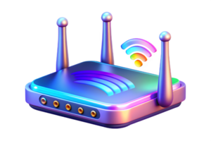 Isometric Flat Holographic Router with Glowing Antennas concept as A Wi Fi router with holographic glowing antennas isolated on a glossy white surface. The scene is isolated with a png