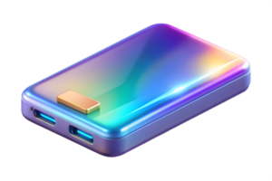 Isometric Flat Holographic Power Bank with Glowing Indicators concept as A power bank with holographic glowing indicators placed on a glossy white surface. The design includes ampl png