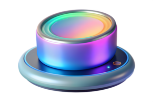 Isometric Flat Holographic Portable Speaker with Glowing Base concept as A portable speaker with a holographic glowing base isolated on a glossy white surface. The design includes png