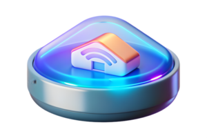 Isometric Flat Holographic Smart Home Hub with Glowing Interface concept as A smart home hub with a holographic glowing interface isolated on a glossy white surface. The design inc png