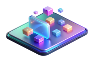 Isometric Flat Holographic Tablet with Floating Icons concept as A tablet featuring floating holographic app icons above it creating a glowing effect. The device is isolated on a g png