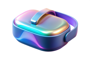Isometric Flat Holographic VR Headset on Glossy Table concept as A VR headset with holographic details and glowing elements resting on a glossy white table. The scene is isolated w png