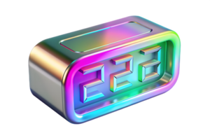Isometric Holographic Digital Clock with Glowing Numbers concept as A digital clock with holographic glowing numbers isolated on a glossy white surface. The scene is isolated with png