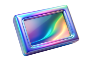 Isometric Holographic Digital Frame with Glowing Borders concept as A digital photo frame with holographic glowing borders isolated on a glossy white surface. The design includes a png