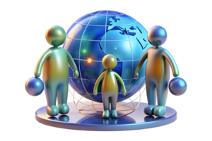Three people standing around a globe with a globe in the middle png