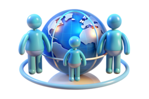 Three people standing around a globe with a blue background png