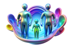 A family of three people standing in front of a colorful swirl png