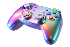Isometric Holographic Gaming Controller on Glossy Surface concept as A gaming controller with holographic glowing buttons placed on a glossy white surface. The scene is isolated wi png