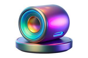Isometric Holographic Portable Speaker with Glowing Base concept as A portable speaker with a holographic glowing base isolated on a glossy white surface. The design includes ample png
