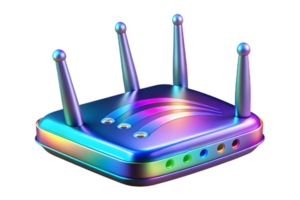 Isometric Holographic Router with Glowing Antennas concept as A Wi Fi router with holographic glowing antennas isolated on a glossy white surface. The scene is isolated with ample png