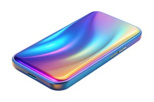 Isometric Holographic Smartphone on Glossy Surface concept as A sleek smartphone with holographic glowing edges resting on a glossy surface. The scene is isolated on a white backgr png