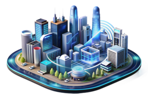 Isometric Smart City Transformation concept as A glowing abstract digital art background depicting the transformation of urban environments into smart cities highlighting cost effi png