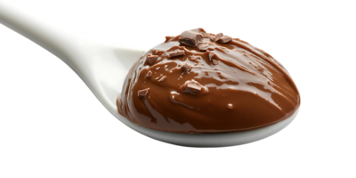 Chocolate Pudding with Chocolate Chips on White Spoon, Isolated on Transparent Background png