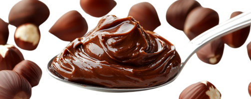 Chocolate Hazelnut Spread on a Spoon with Hazelnuts in the Background, Transparent Background png