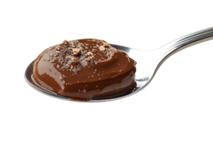 Chocolate Pudding with Almonds in a Spoon, Delicious Dessert with a Transparent Background png