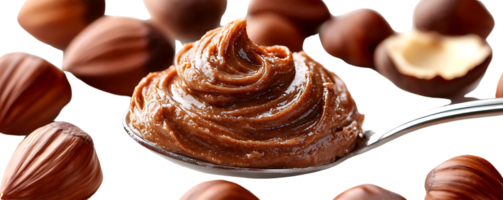 Hazelnut Spread on Spoon with Nuts in Background, Transparent Background png