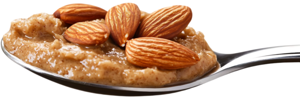 Almond Butter Spread with Almonds on a Spoon with Transparent Background png