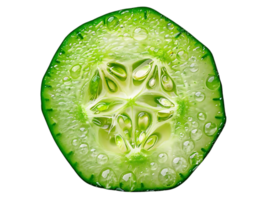 Fresh Cucumber Slice with Dewy Texture, Isolated on a Transparent Background, Displaying Refreshing Green Hues and a Crisp, Watery Appearance. png
