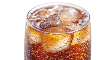 Close-Up View of Sparkling Cola with Ice Cubes in a Glass with Transparent Background png