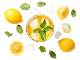 Refreshing Lemonade with Ice Cubes, Mint Leaves, and Lemon Slices on a Transparent Background png