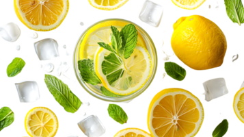 Refreshing Lemon and Mint Drink with Ice Cubes on a Transparent Background png