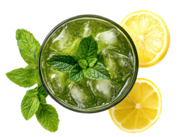 Refreshing Green Mint Lemonade with Ice Cubes and Lemon Slices on Transparent Background png