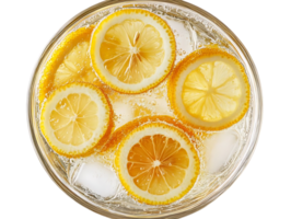 Refreshing Lemon Slices Float in Sparkling Water with Ice, a Perfect Summer Drink png