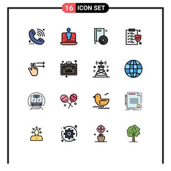 User Interface Pack of 16 Basic Flat Color Filled Lines of policy document technology dvd compact Editable Creative element Design Elements vector