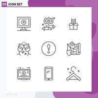 Mobile Interface Outline Set of 9 Pictograms of warning alert box music glass Editable element Design Elements vector