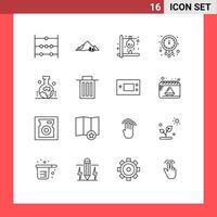 Pack of 16 Modern Outlines Signs and Symbols for Web Print Media such as watch new year chemical midnight science Editable element Design Elements vector
