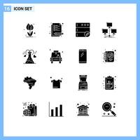 Pack of 16 creative Solid Glyphs of flask computer database network distributed Editable element Design Elements vector