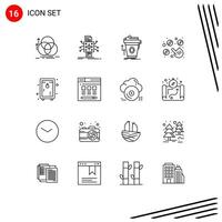 Pack of 16 Modern Outlines Signs and Symbols for Web Print Media such as per click processing brand marketing coffee Editable element Design Elements vector