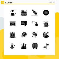16 User Interface Solid Glyph Pack of modern Signs and Symbols of film ui audio cable basic camera Editable element Design Elements vector