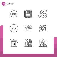 Mobile Interface Outline Set of 9 Pictograms of location eye japanese costume mask enlarge Editable element Design Elements vector