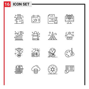 Pack of 16 Modern Outlines Signs and Symbols for Web Print Media such as social media globe sun website programmer Editable element Design Elements vector