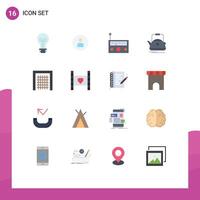 Flat Color Pack of 16 Universal Symbols of gate camping device teapot tea Editable Pack of Creative element Design Elements vector