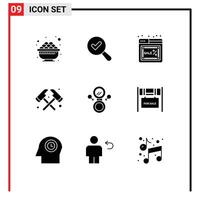 9 User Interface Solid Glyph Pack of modern Signs and Symbols of symbol mirror cyber firefighter axe Editable element Design Elements vector