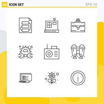 9 Universal Outlines Set for Web and Mobile Applications binoculars device bag spanner mechanic Editable element Design Elements vector