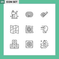 9 User Interface Outline Pack of modern Signs and Symbols of movie location track navigation tool Editable element Design Elements vector