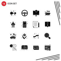 Solid Glyph Pack of 16 Universal Symbols of cake medical computers theater monitor Editable element Design Elements vector