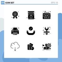 9 Thematic element Solid Glyphs and Editable Symbols of checked printing calendar printer fax Editable element Design Elements vector