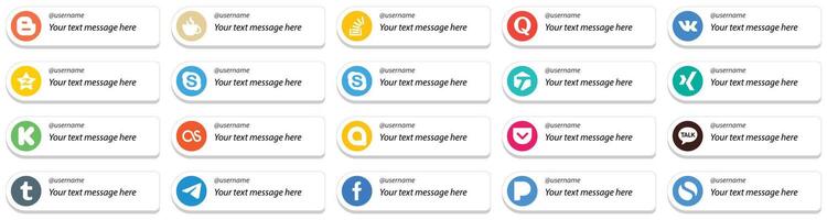 Card Style Social Media Follow Me Icons with Customizable Message 20 pack such as tagged skype overflow and qzone icons High definition and unique vector