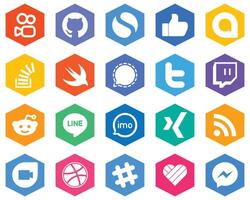 20 Fresh White Icons reddit tweet stock twitter and mesenger Hexagon Flat Color Backgrounds vector