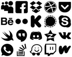 20 High Quality Black Solid Glyph Icons such as swift skype flickr and signal icons Creative and professional vector